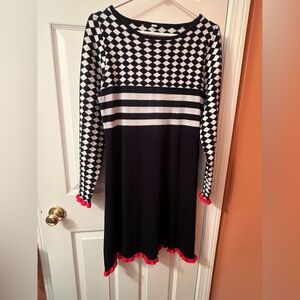 Navy & White Check Striped Knit Dress with Red Trim